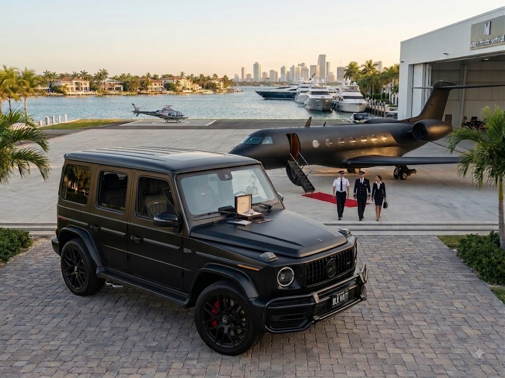 Black executive SUV at a private aviation terminal with a jet and crew