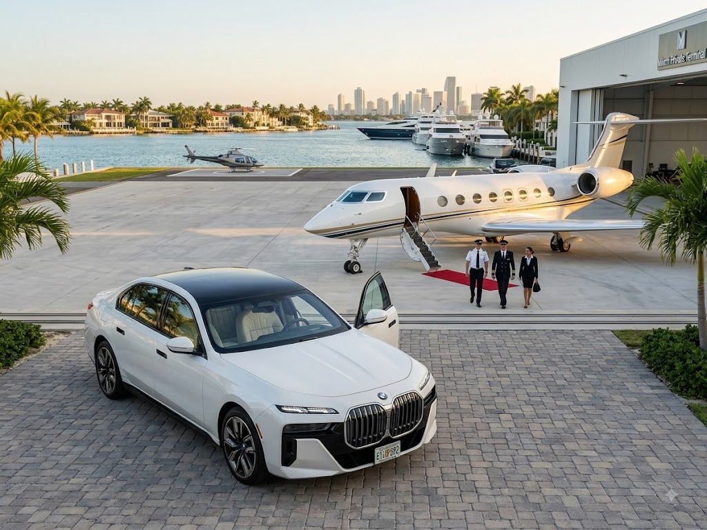 White executive sedan at a private aviation terminal with a jet and crew