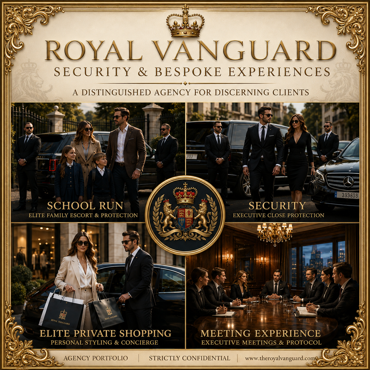 Royal Vanguard security and bespoke experiences portfolio featuring school run, executive protection, private shopping and meeting security
